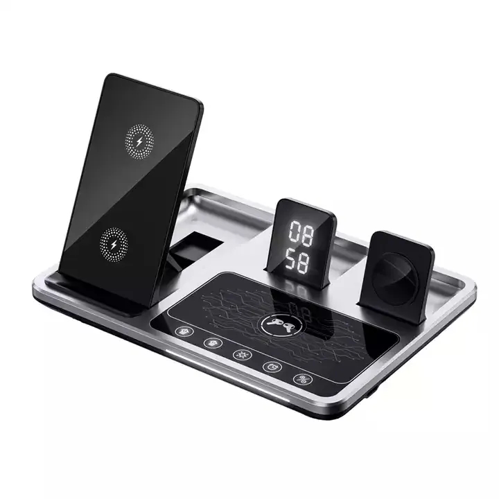 15W Wholesale Smart Touch Fast Charging Qi  Desk Digital Clock Led Light 2023  Portable 3-In-1 foldable Wireless Charger Stan