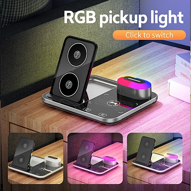 JEDI Desktop RGB Night Light Foldable R12 Wireless Charger 4 In 1 Wireless Charging Station With Electric Lifting