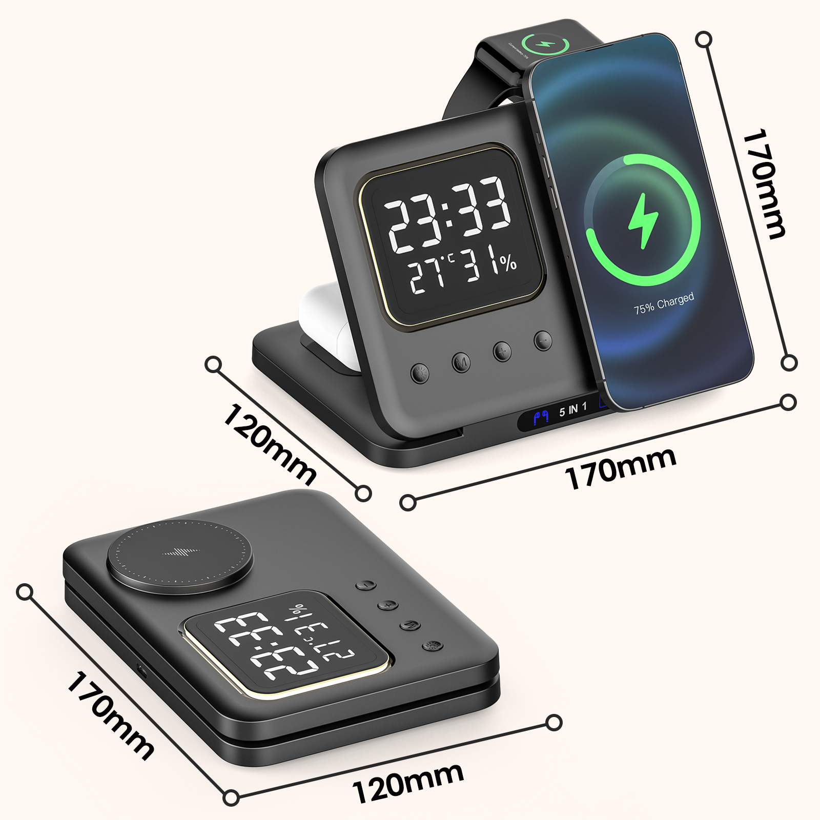 Factory Direct Sale 5 In 1 Humidity Temperature Display Time CLock Charger LED Wireless Station H23
