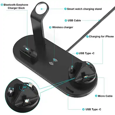 Fast 2023 Smart Qi 6 In 1 Wireless Charger Station  Charging