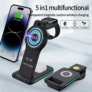 Universal Portable Fast Qi 3 In One 15W Folding 5 In 1 Magnetic Suction Wireless Charger With Light H109