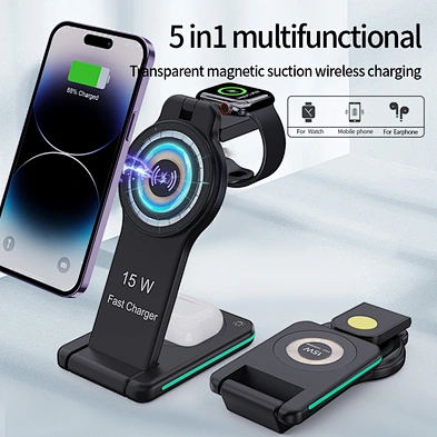 Universal Portable Fast Qi 3 In One 15W Folding 5 In 1 Magnetic Suction Wireless Charger With Light H109