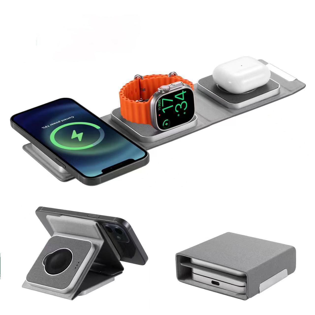 Travel Pocket Size PU Leather 3 In 1 Foldable Magnetic Wireless Charger For Phone Earphone Watch