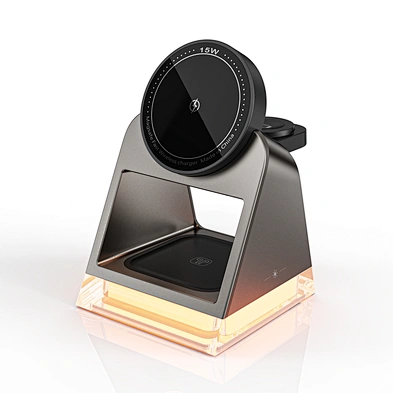 High Quality Portable 3-In-1 Desktop Universal Magnetic 15W Fast Charging Dock Station With Led Lamp For Watch Wireless Charger
