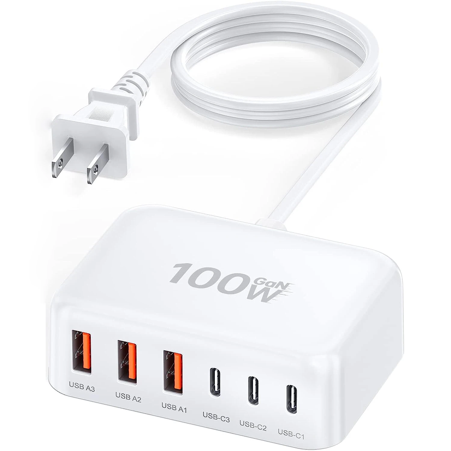 Usb C Fast Charger 100W 6 Port Pd And Qc A Wall Adapter Super Type Block Compact 5Ft Extension Cube Charging U Gan Charge Plug
