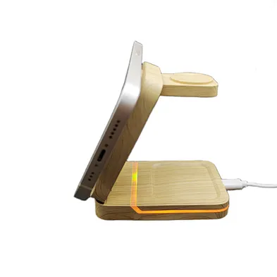 JEDI Wood Grain Newest 15W 4 in 1 Night Light Foldable Wireless Charging Station for Gift Promotion