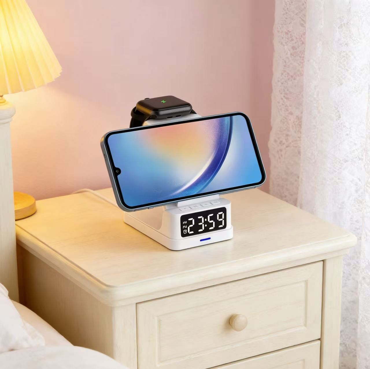 3 in 1 Wireless Charging Station with Digital Alarm Clock Phone Stand for Smartphones Smartwatches and Earbuds