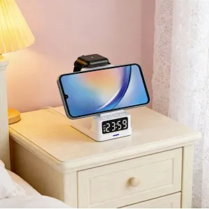 3 in 1 Wireless Charging Station with Digital Alarm Clock Phone Stand for Smartphones Smartwatches and Earbuds