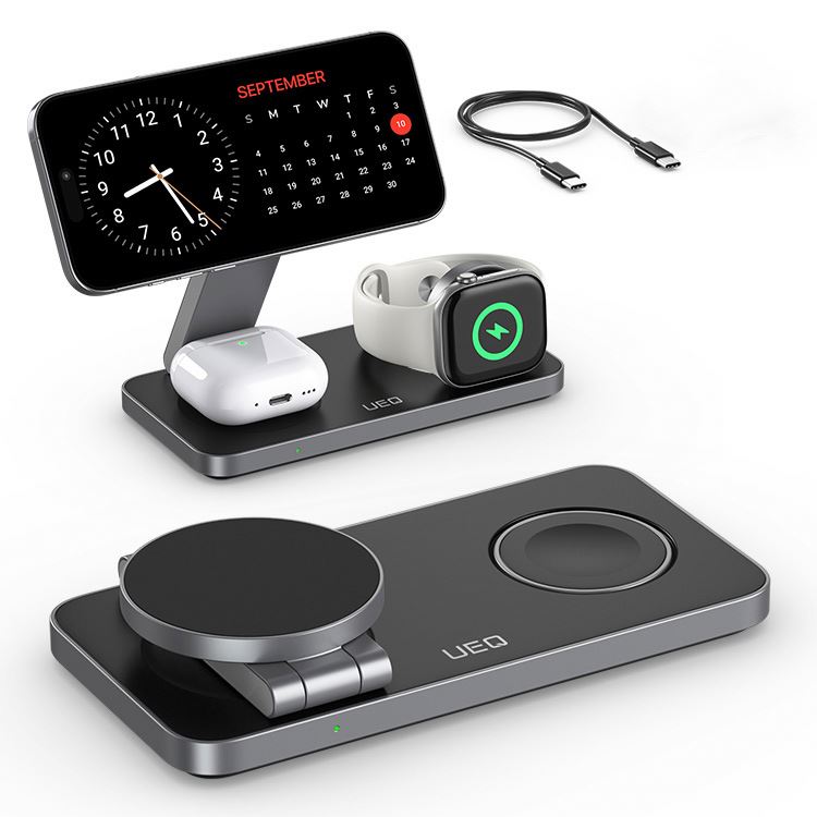 High Quality 3 in 1 Magnetic Wireless Charging Station with Earphone & Smart Watch Support Digital Alarm Clock Time Date Display