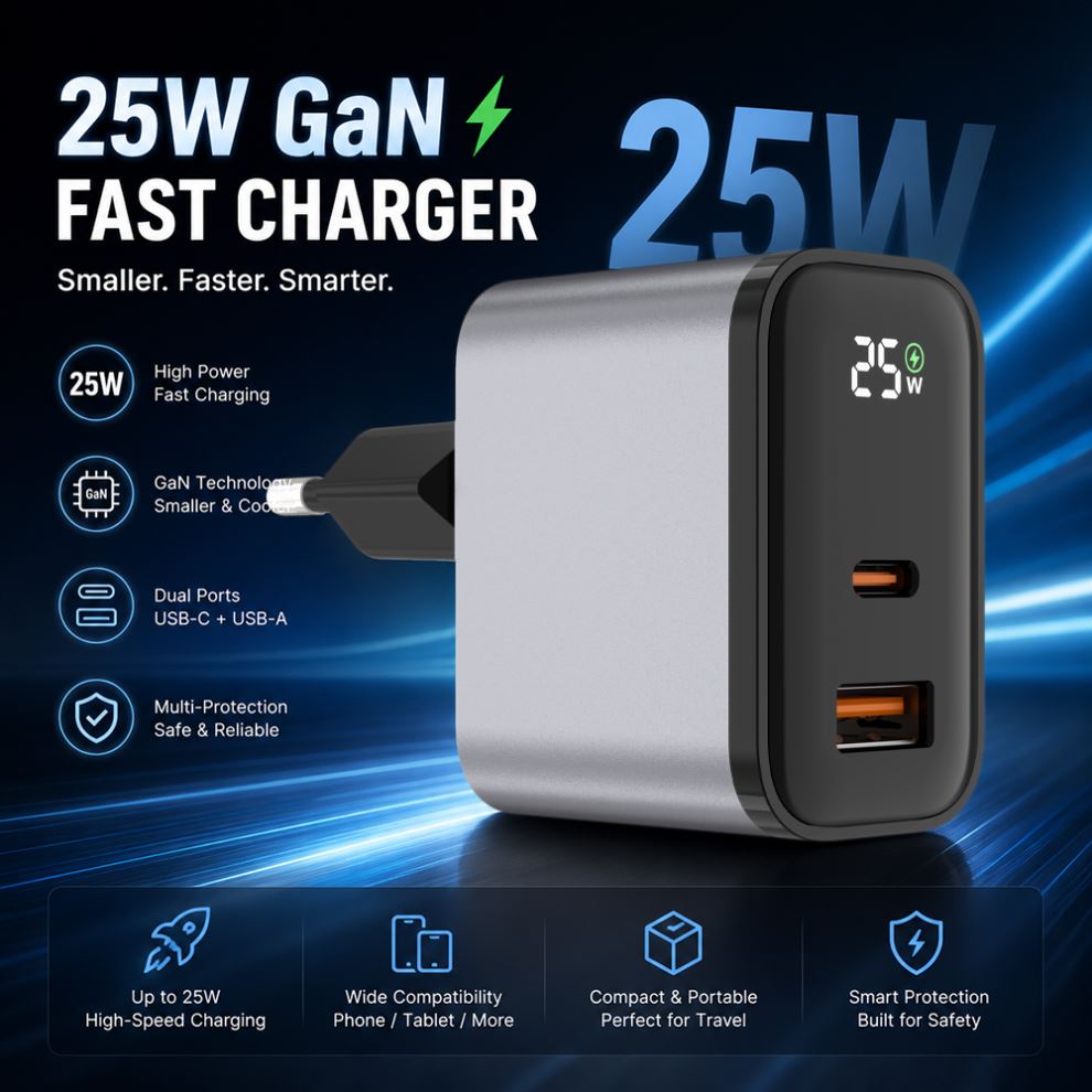 OEM GaN Fast Charging Adapter 25W USB C Charger Block Smart Recognition GaN Phone Charger