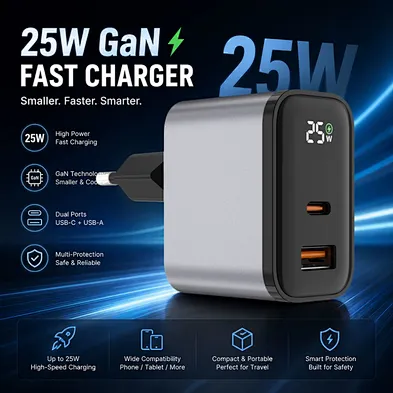 OEM GaN Fast Charging Adapter 25W USB C Charger Block Smart Recognition GaN Phone Charger