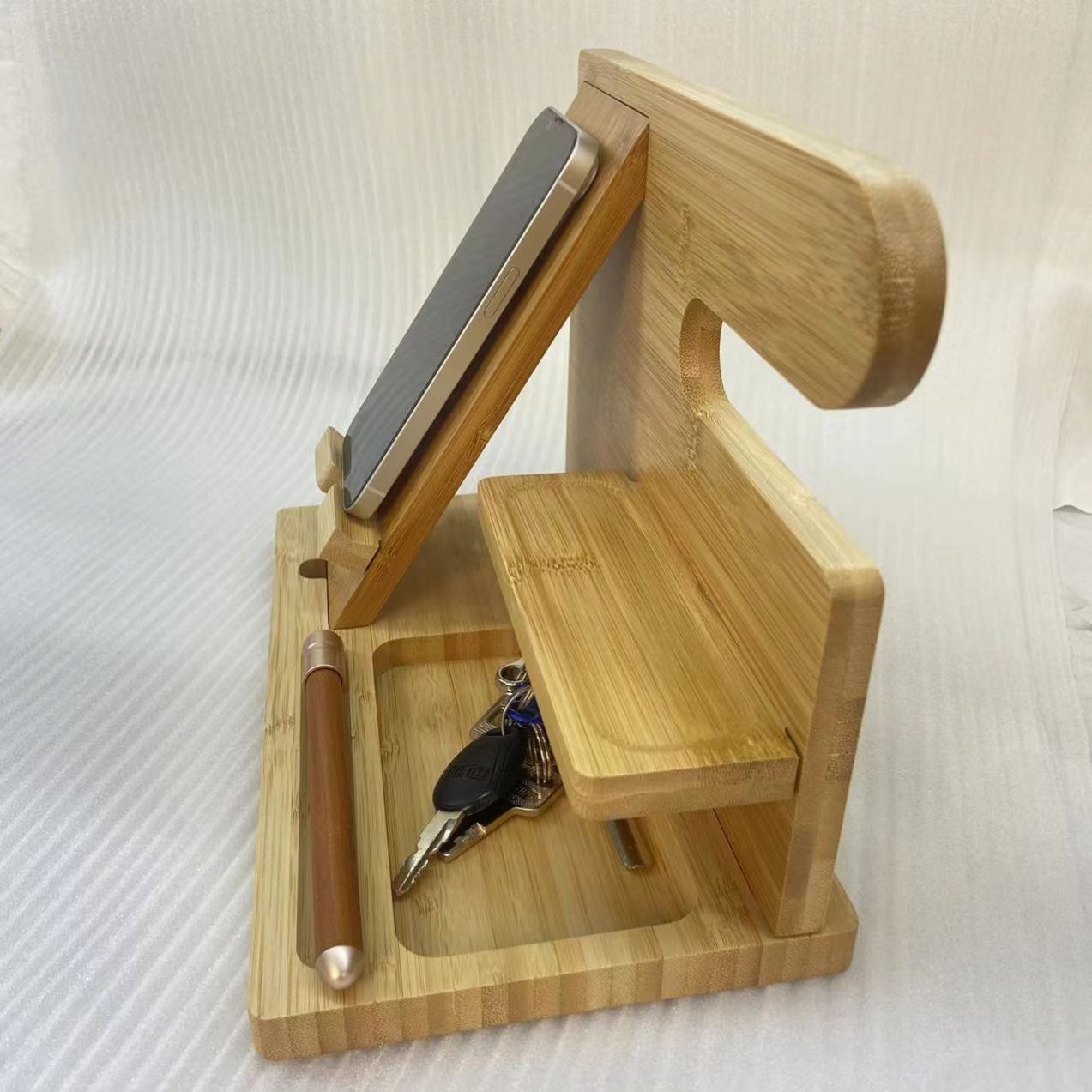 Wood Wireless Charging Phone Stand Organizer with Storage Tray for Desk Office and Home