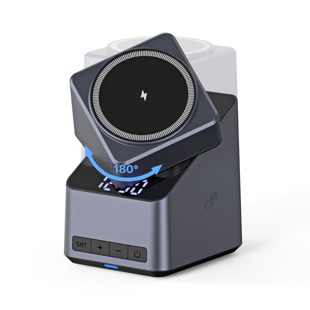 JEDI Unique 3 in 1 Wireless Fast Charger Rotating Magnetic Charging Dock Desktop Station with Digital Alarm Clock