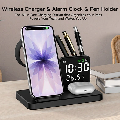 Wireless Charger Alarm Clock with Temperature Display Pen Holder Phone Stand Desktop Organizer