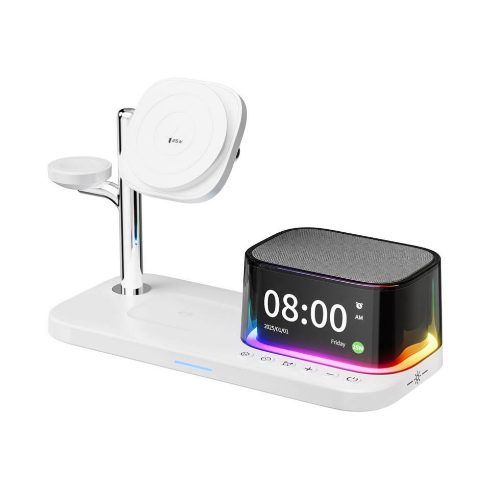4 1 Multi Function 2.2 Wireless Charging Station QC3.0 Type-C Port Digital Clock RGB Light for Mobile Phone Smart Watch Earphone