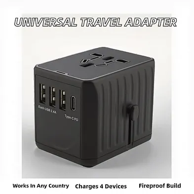 Universal Travel Adapter with 3 USB-A and USB-C PD Ports Multi Country Plug Charger for 4 Devices
