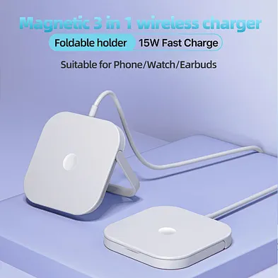 15W 3 in 1 Magnetic Wireless Charger Stand for Phone Smartwatch Earbuds Foldable Charging Station