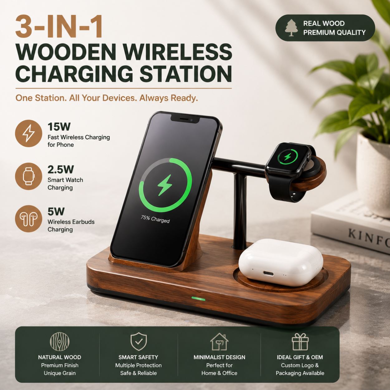 Wooden 3-in-1 Magnetic Wireless Charger Stand PD Fast Charging Station with Alarm Clock Design Eco-Friendly Corporate Gift OEM
