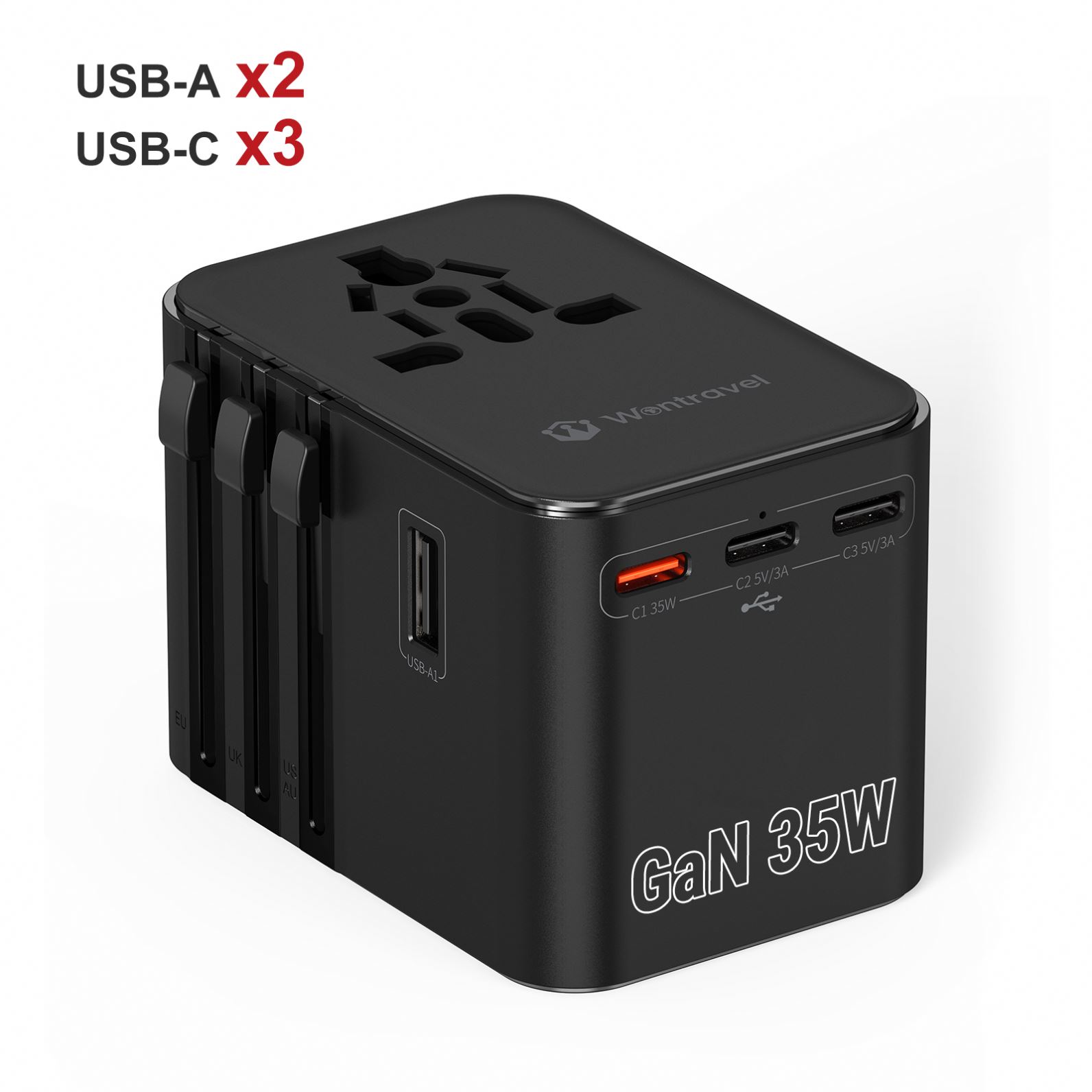 Universal Travel Adapter with 3 USB-C and 2 USB-A Ports GaN 35W Multi-Country Plug Charger