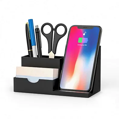 Desk Organizer with Wireless Charger Phone Stand Pen Holder Drawer Desktop Storage Caddy