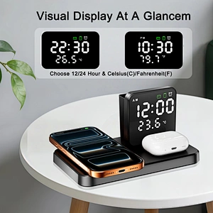 Wireless Charging Desk Organizer with Alarm Clock Temperature Display Phone Stand and Pen Hold