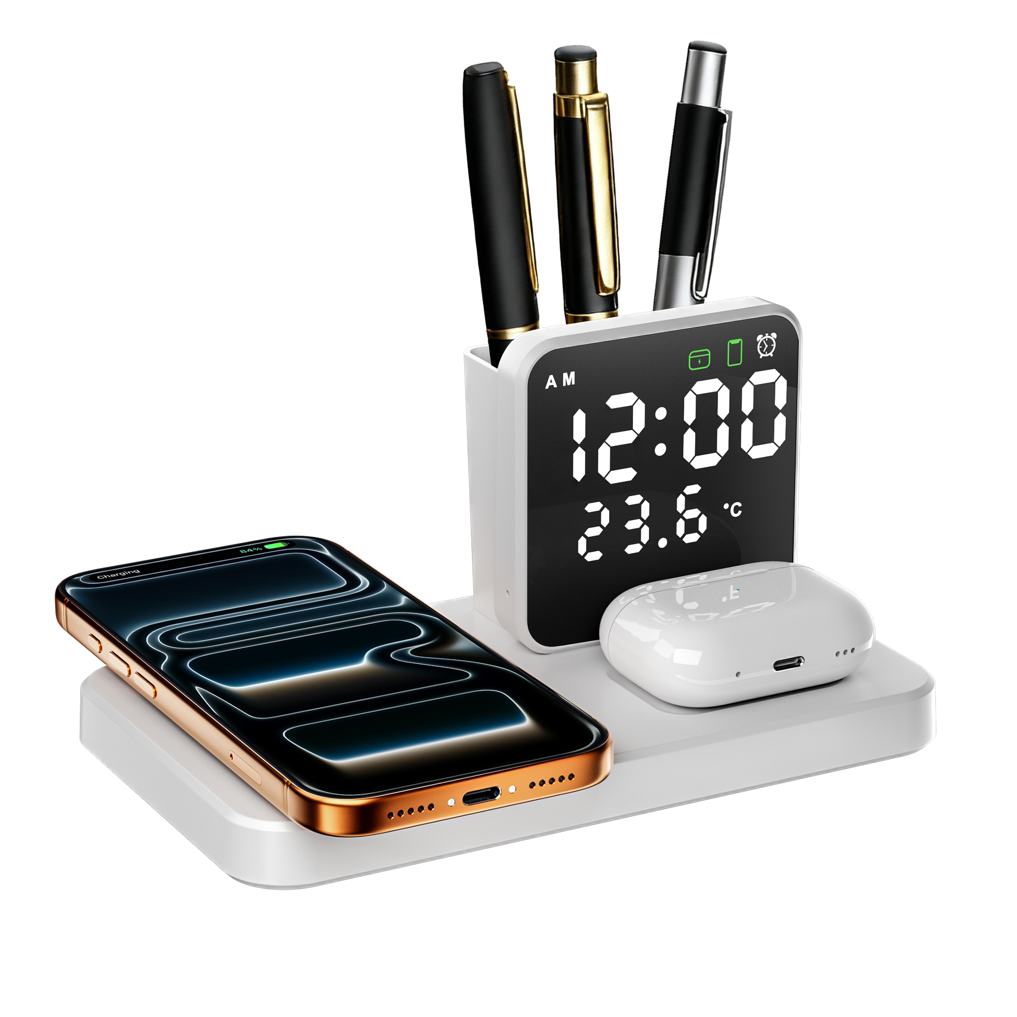 Wireless Charging Desk Organizer with Alarm Clock Temperature Display Phone Stand and Pen Hold