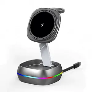 New Design LED Light 3 in 1 Magnetic Wireless Charger Stand Foldable Mini 15W Fast Desktop Charging Station With Cable