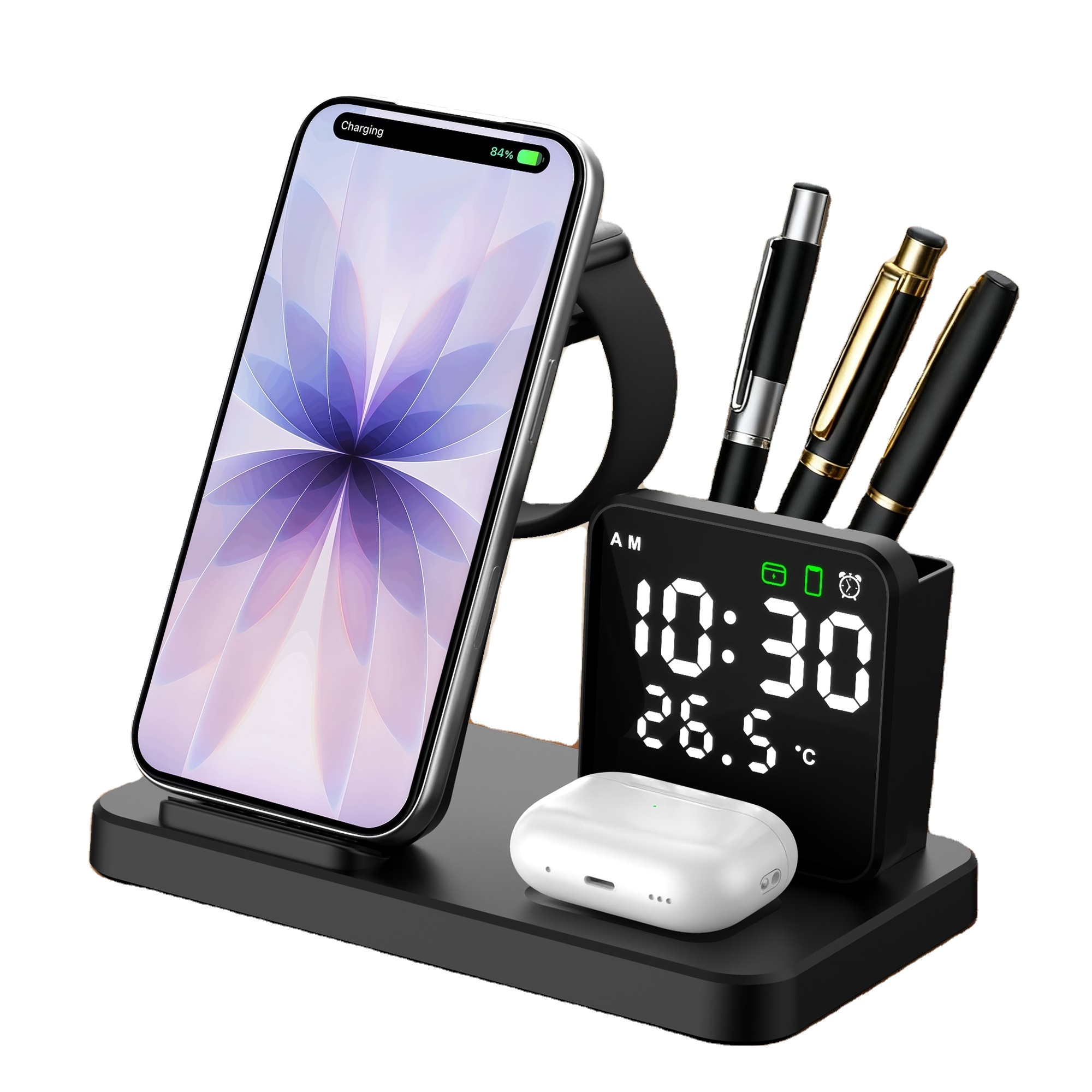 Wireless Charger Alarm Clock with Temperature Display Pen Holder Phone Stand Desktop Organizer