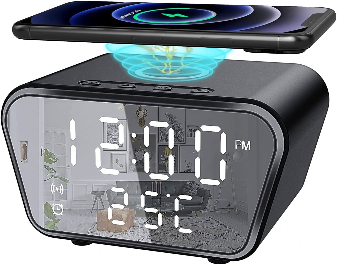 Digital Alarm Clock Wireless Charger with LED Time Display for Bedroom Bedside Table