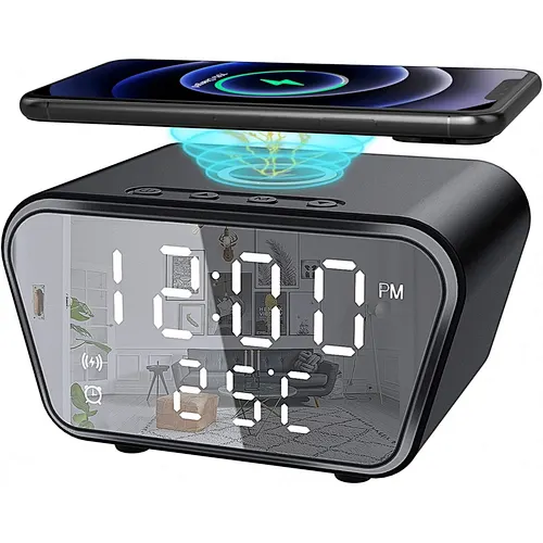 Digital Alarm Clock Wireless Charger with LED Time Display for Bedroom Bedside Table