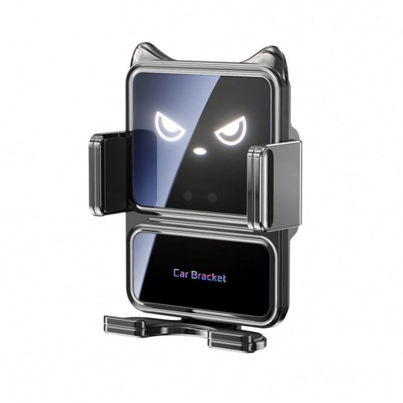 Wireless Charger Cartoon Cat-Ear Car Phone Holder with Auto-Clamping & LED Light-Up Eyes Fast Charging for Electric Cars