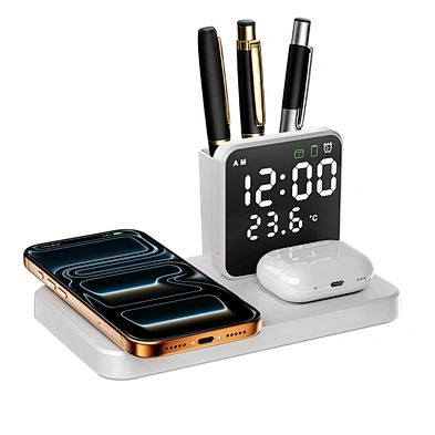 Wireless Charging Desk Organizer with Alarm Clock Temperature Display Phone Stand and Pen Hold