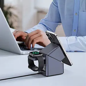 15W 180° Rotatable Bedside Wireless Fast Charger with Clock, Multi Charging Station for Cell Phone, Earphones & Smartwatch
