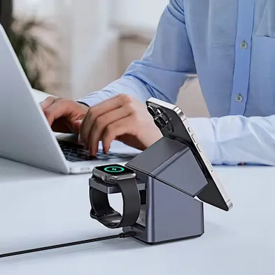 15W 180° Rotatable Bedside Wireless Fast Charger with Clock, Multi Charging Station for Cell Phone, Earphones & Smartwatch