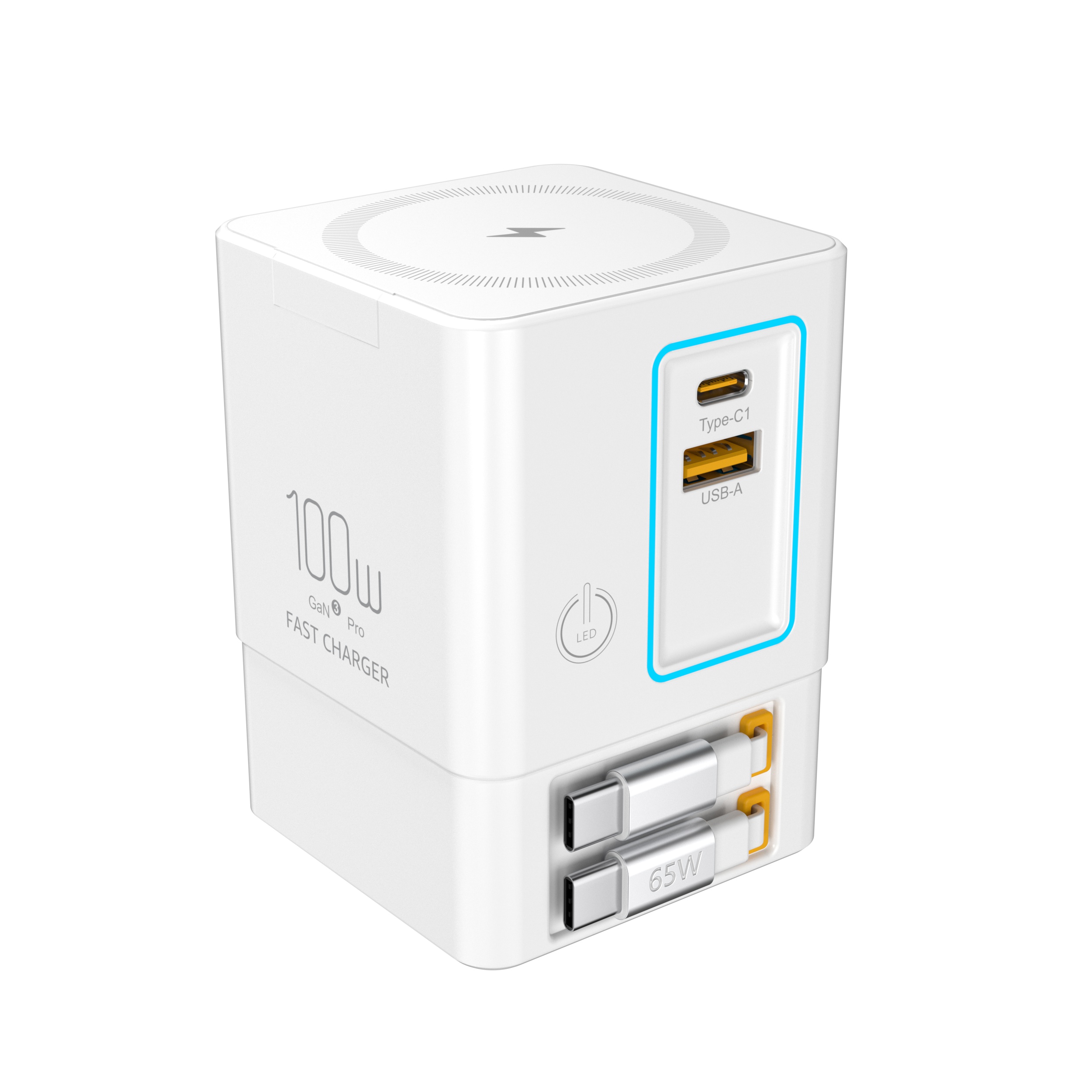 5-in-1 100W Combo Charging Station Retractable USB-C Cable & Power Strip for Multiple Devices Wireless Charging for Laptop