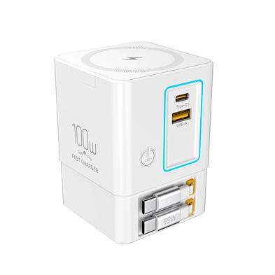 5-in-1 100W Combo Charging Station Retractable USB-C Cable & Power Strip for Multiple Devices Wireless Charging for Laptop