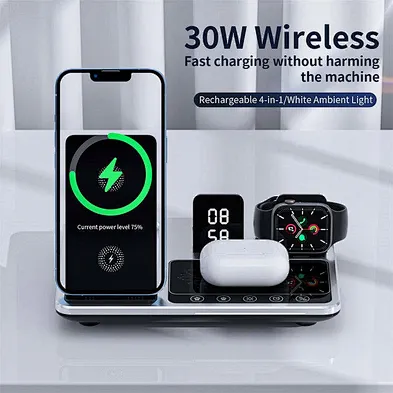 4-in-1 Digital Multifunctional Alarm Clock Stand Wireless Charger Electric Lifting Lamp Supports Mobile Phone Smart Watch