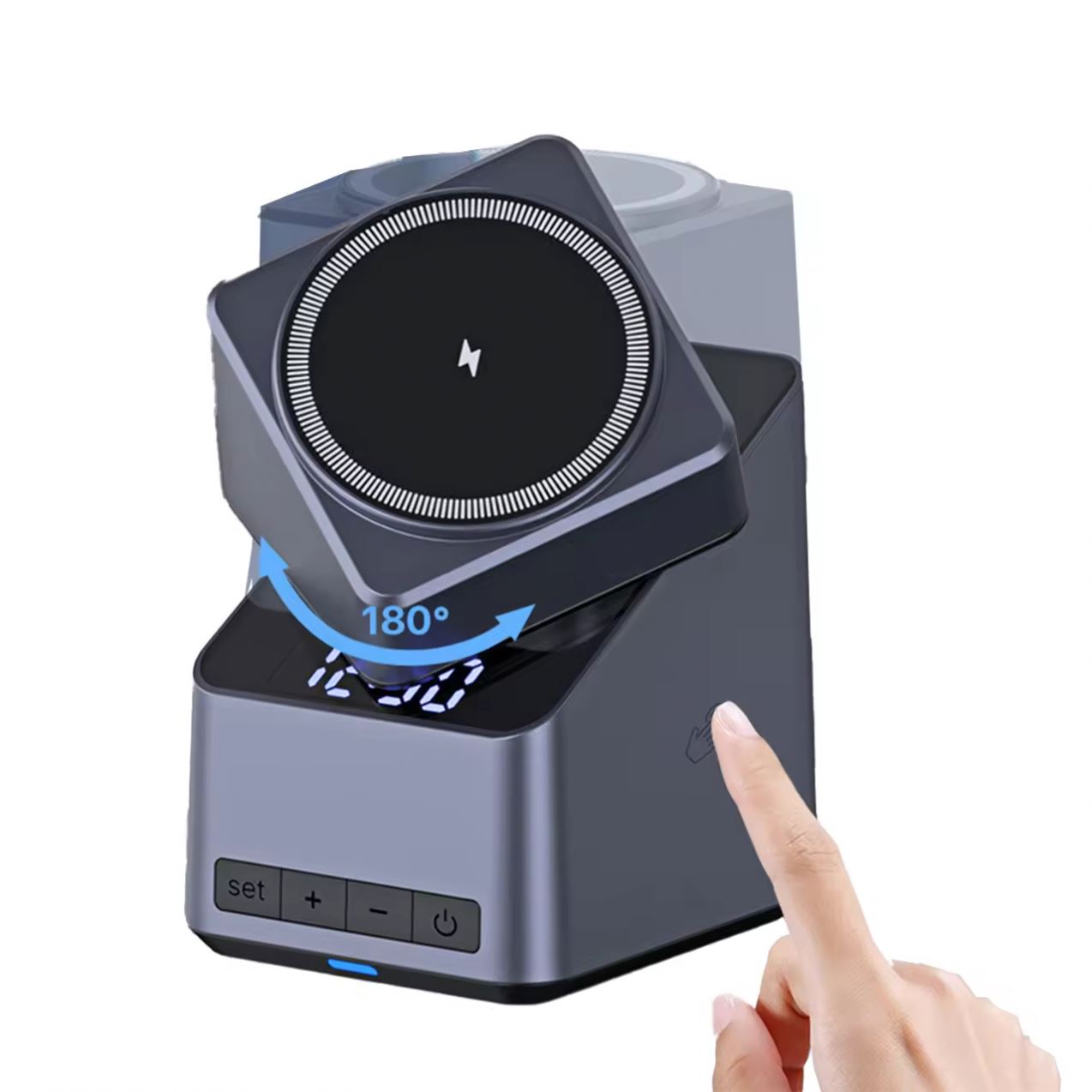 15W 180° Rotatable Bedside Wireless Fast Charger with Clock, Multi Charging Station for Cell Phone, Earphones & Smartwatch