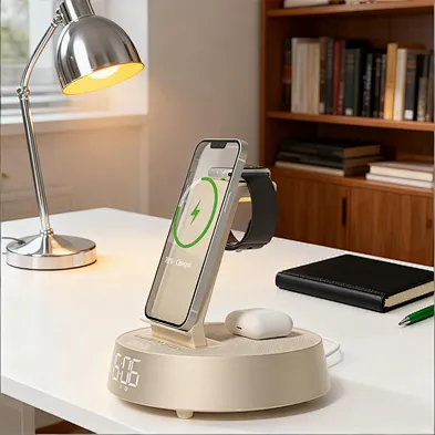 Foldable Radio Speakers Wireless Charger 6 in 1 FM Radio Alarm Clock Display Phone Charger with Phone Stand Lamp