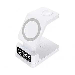 3 in 1 Wireless Charging Station with Digital Alarm Clock Phone Stand for Smartphones Smartwatches and Earbuds