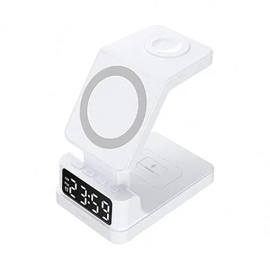 3 in 1 Wireless Charging Station with Digital Alarm Clock Phone Stand for Smartphones Smartwatches and Earbuds