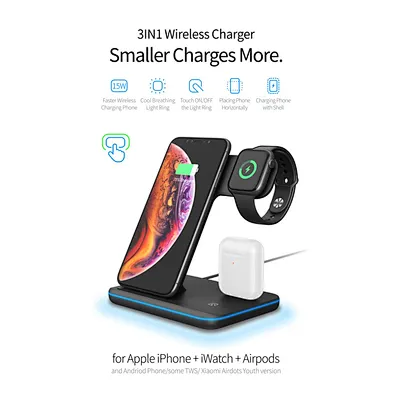 3 In1 Wireless Charger Foldable Charging Station Fast Desktop Stand for Iphone Watch Earbuds Travel Office Hotel