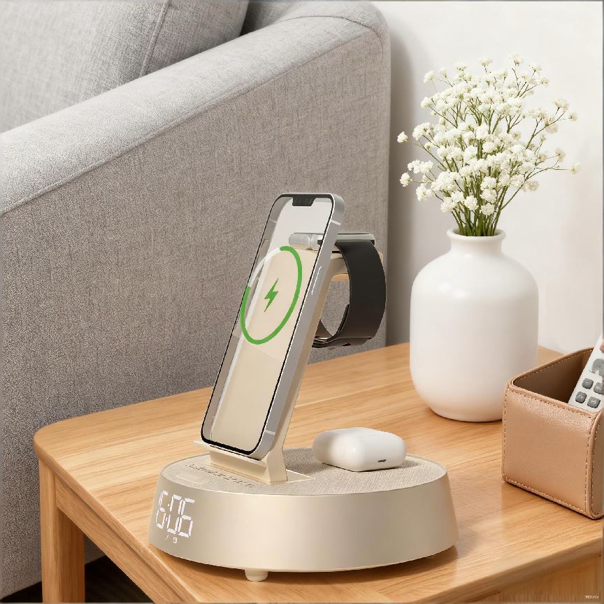 Foldable Radio Speakers Wireless Charger 6 in 1 FM Radio Alarm Clock Display Phone Charger with Phone Stand Lamp