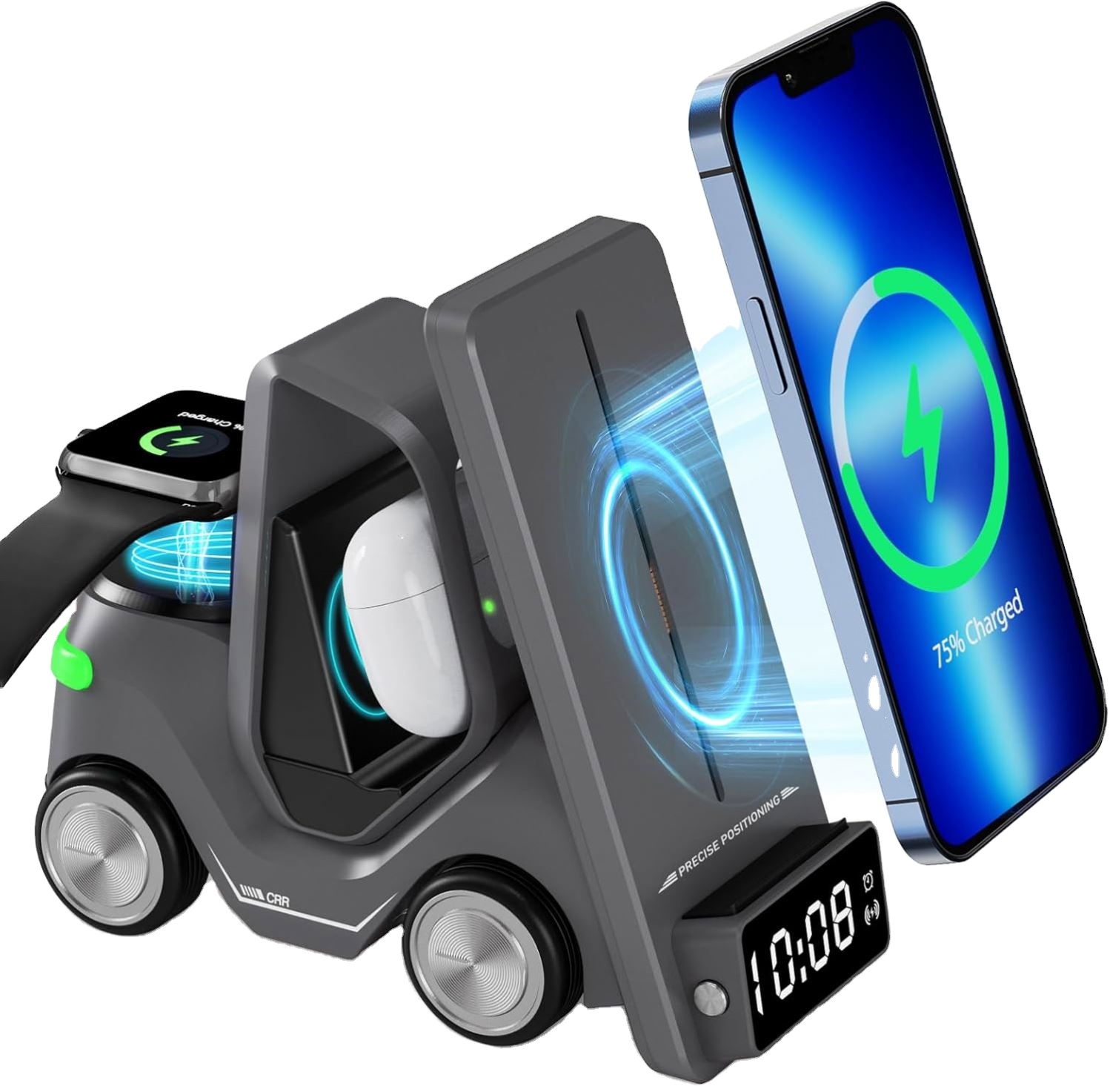 5 in 1 PD Magnetic Wireless Charging Station with Digital Clock Forklift Shape 15W Fast Charger Dock