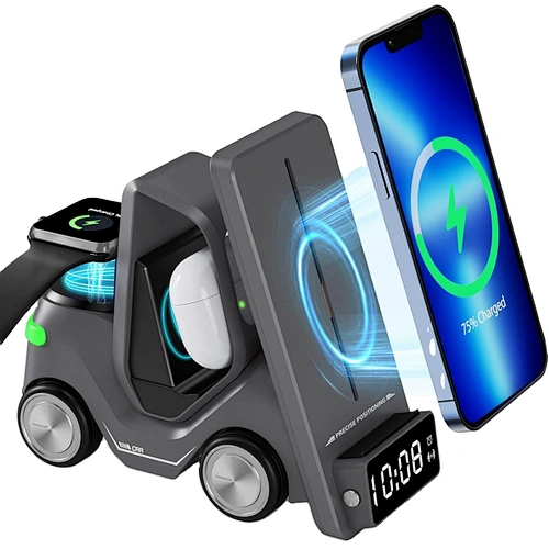 5 in 1 PD Magnetic Wireless Charging Station with Digital Clock Forklift Shape 15W Fast Charger Dock