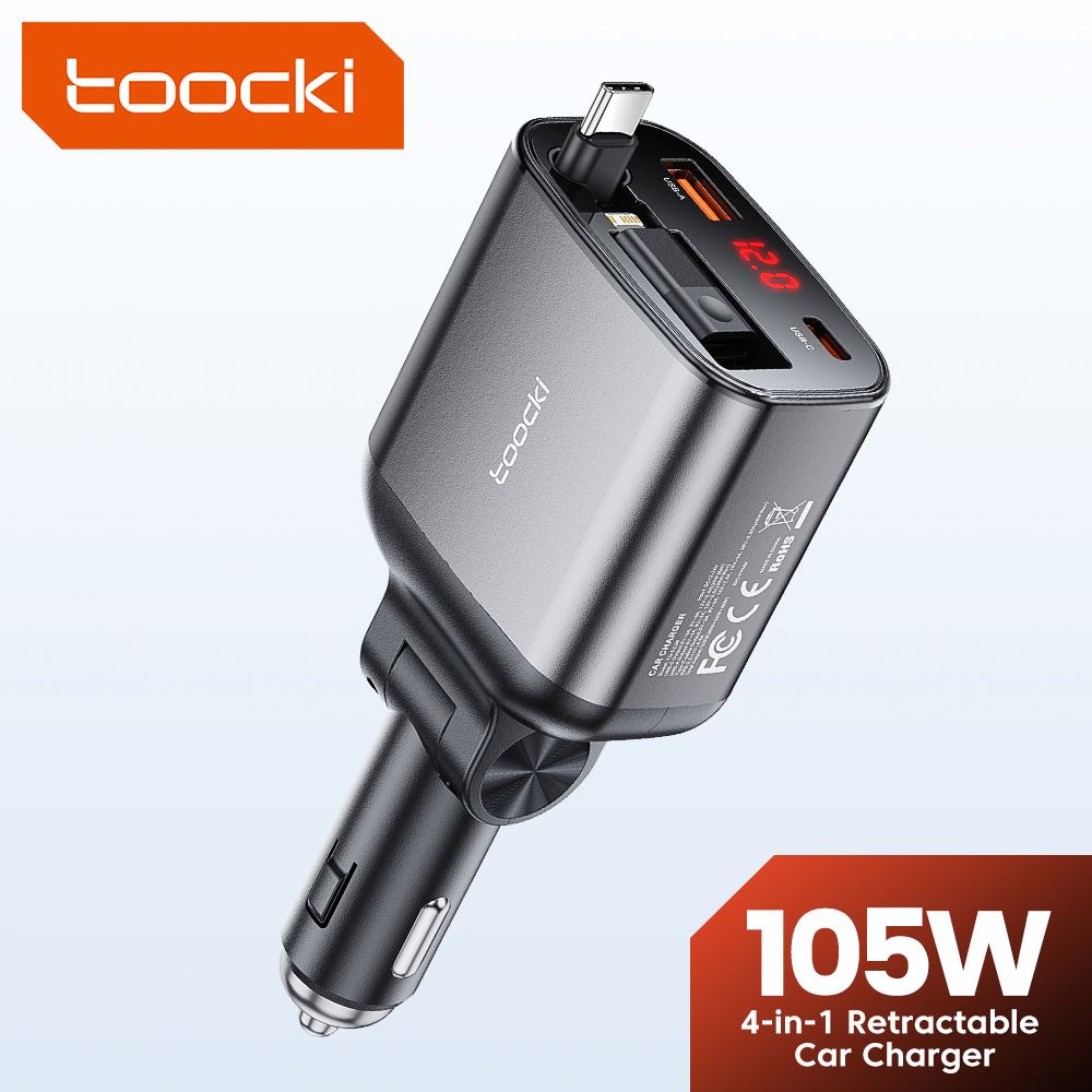 4 in 1 Retractable Car Charger with Digital Display Fast Charging USB C USB a Adapter