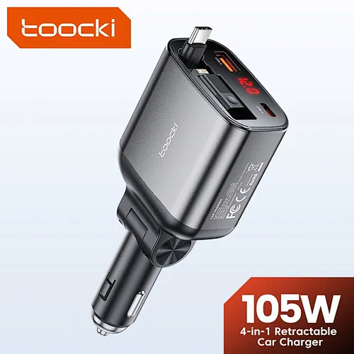 4 in 1 Retractable Car Charger with Digital Display Fast Charging USB C USB a Adapter