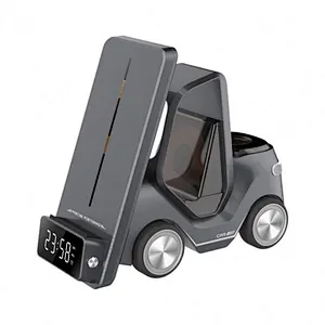 5 in 1 PD Magnetic Wireless Charging Station with Digital Clock Forklift Shape 15W Fast Charger Dock