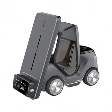 5 in 1 PD Magnetic Wireless Charging Station with Digital Clock Forklift Shape 15W Fast Charger Dock