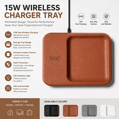 Luxury Leather Valet Tray Wireless Charger Multifunctional Desktop Storage Tray with Fast Wireless Charging Pad